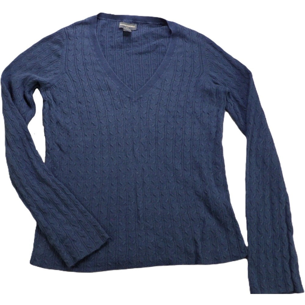 VTG Banana Republic Women Blue V-Neck Cable Knit Cotton Angora Sweater Large Y2K